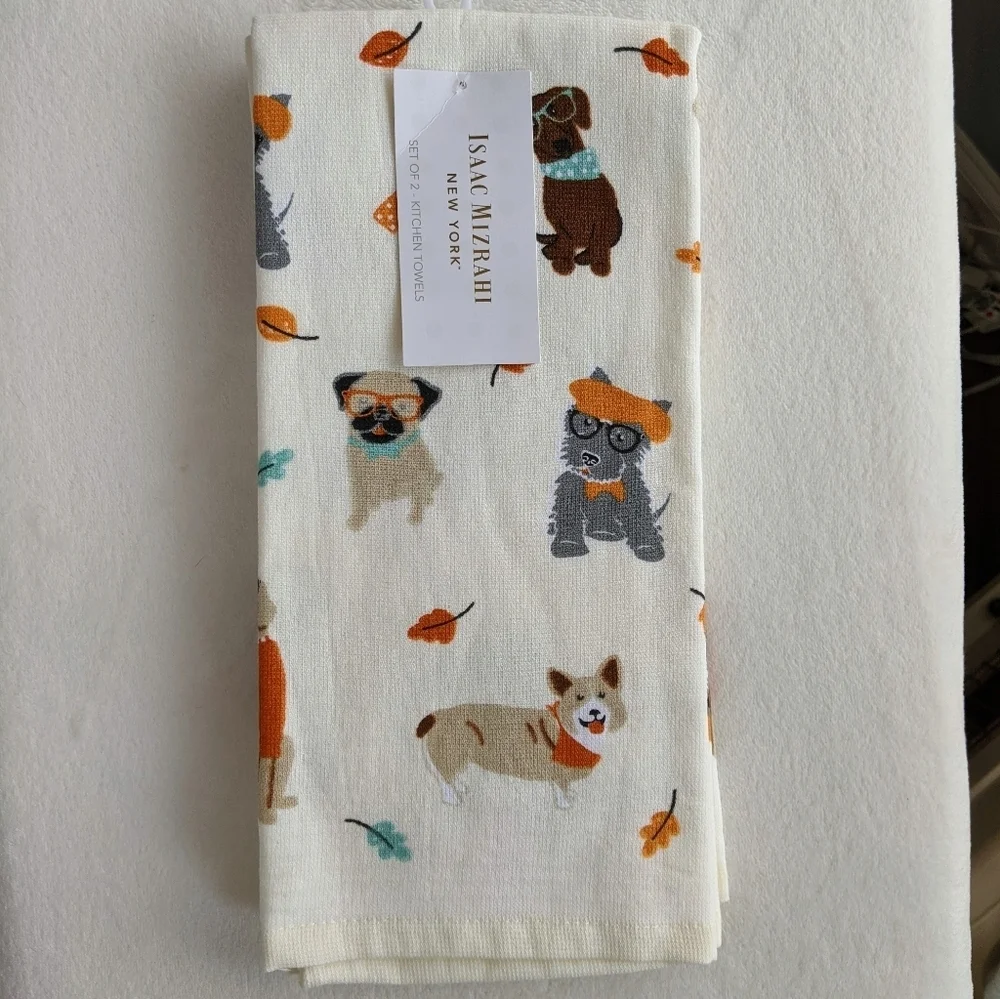 Doxie Corgi Terrier Labrador Pug Leaves Autumn Theme Kitchen Towel Set Of 2 NWT